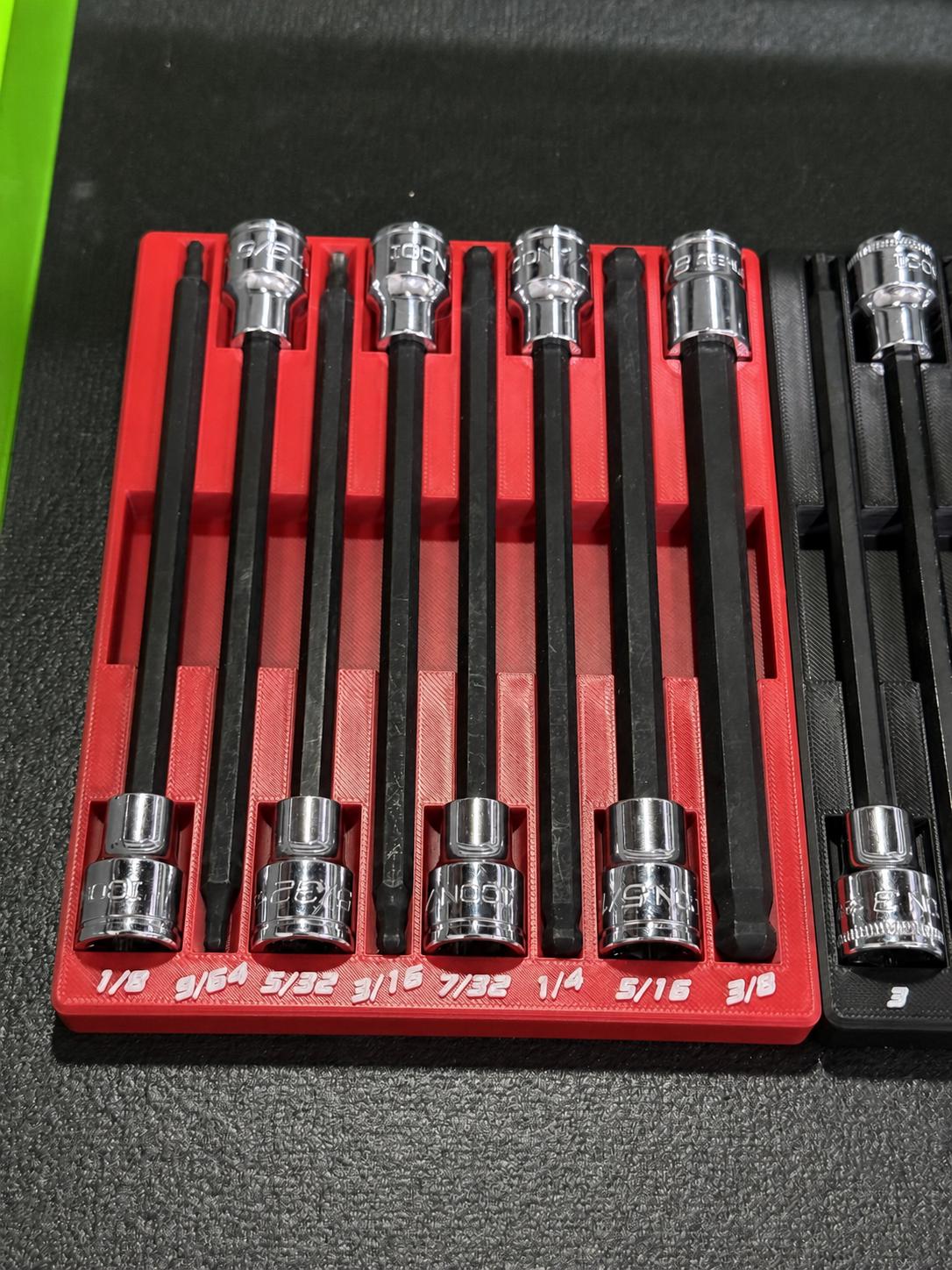 ICON Long Hex Bit Socket Holder | SAE & Metric Socket Organizer | Fits Regular and Ball End | Magnetic Tool Tray