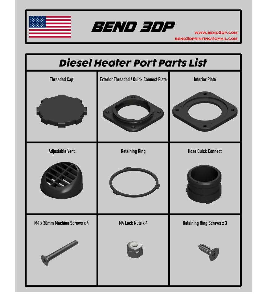 Diesel Heater Port Kit – Wall Plate for Truck Campers, Vans, Trailers | Bend 3DP