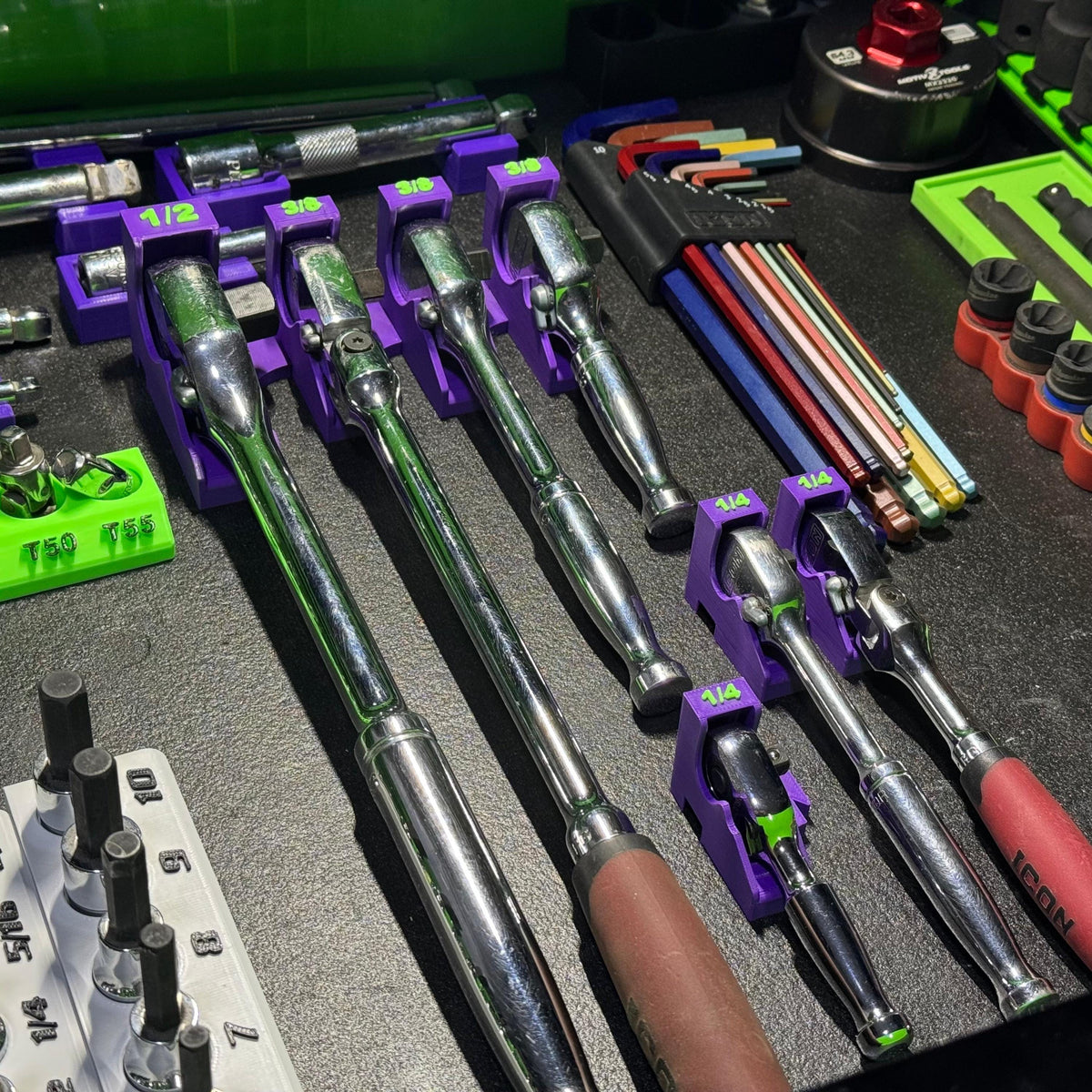 Magnetic Ratchet Holder | Modular Ratchet Organizer | 1/4, 3/8 & 1/2 Drive Toolbox Storage