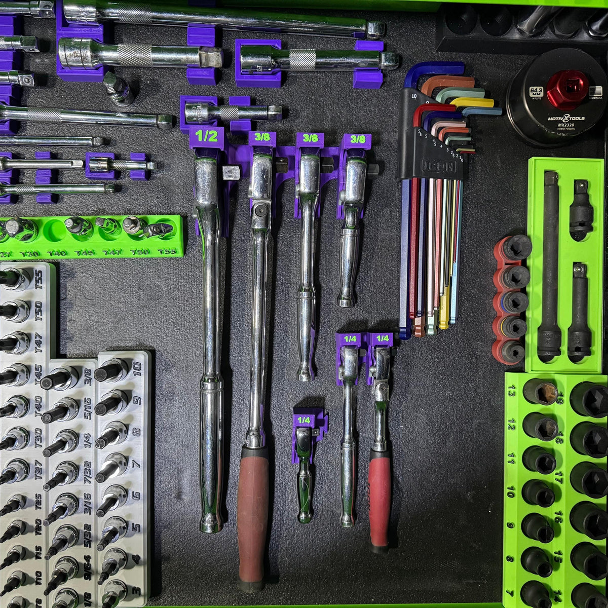 Magnetic Ratchet Holder | Modular Ratchet Organizer | 1/4, 3/8 & 1/2 Drive Toolbox Storage