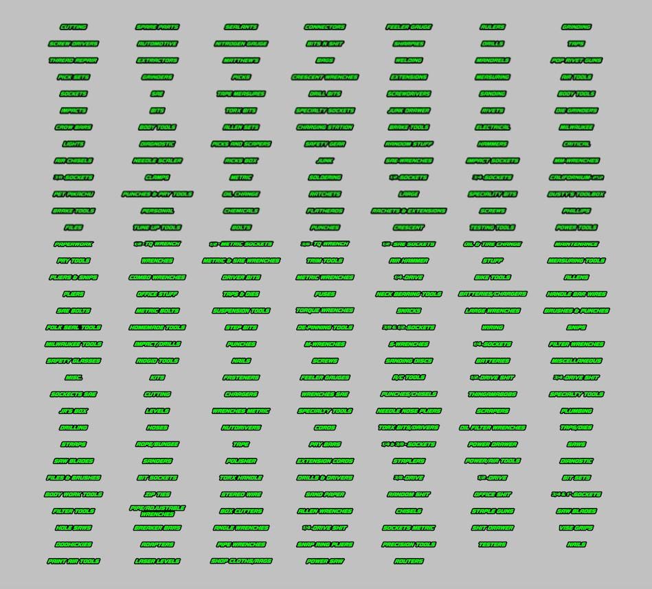 Grid of green-on-black sample toolbox labels for tool categories, supplies and custom wording.