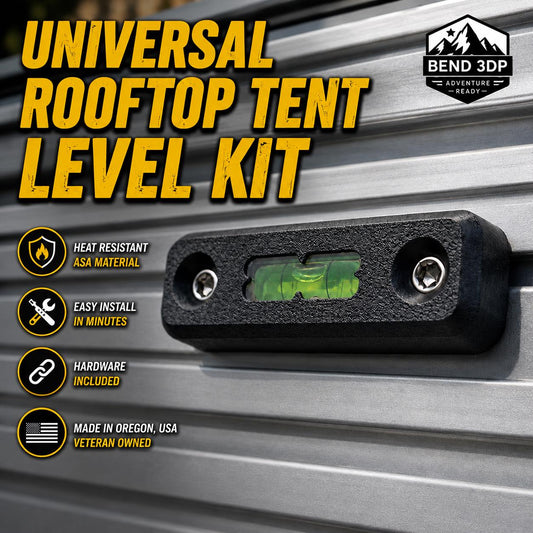 Black bubble level mounted to an aluminum rail in a rooftop tent level kit graphic.