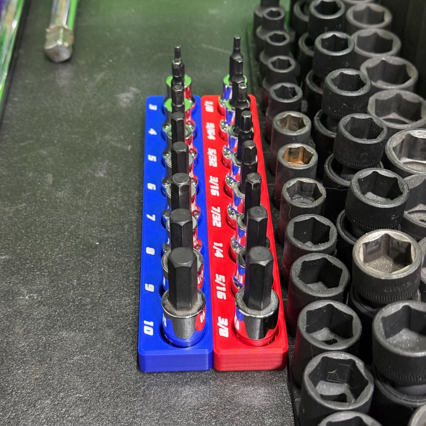 Magnetic Allen Socket Holder | Hex Bit Socket Organizer | Metric - SAE | 1/4 & 3/8 Drive Toolbox Organizer