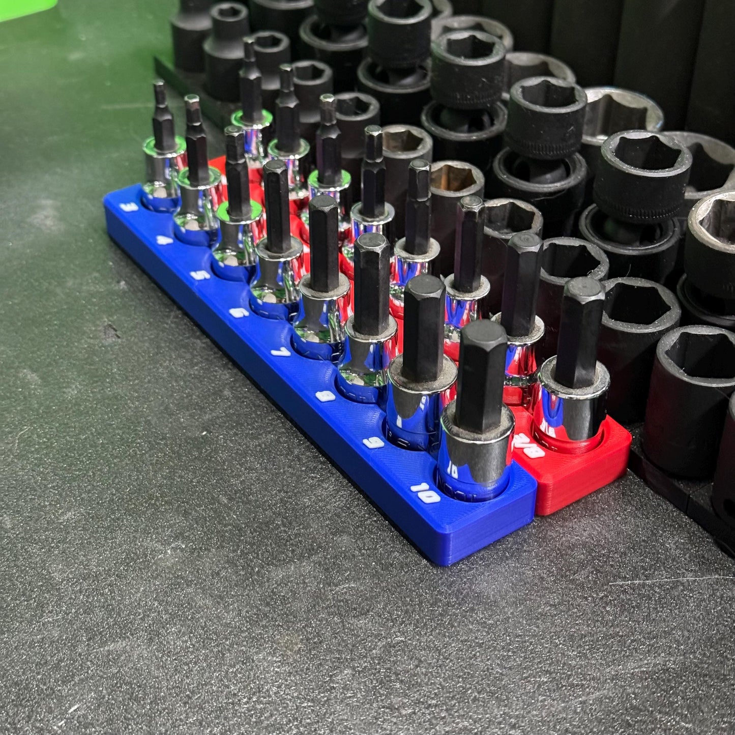 Magnetic Allen Socket Holder | Hex Bit Socket Organizer | Metric - SAE | 1/4 & 3/8 Drive Toolbox Organizer