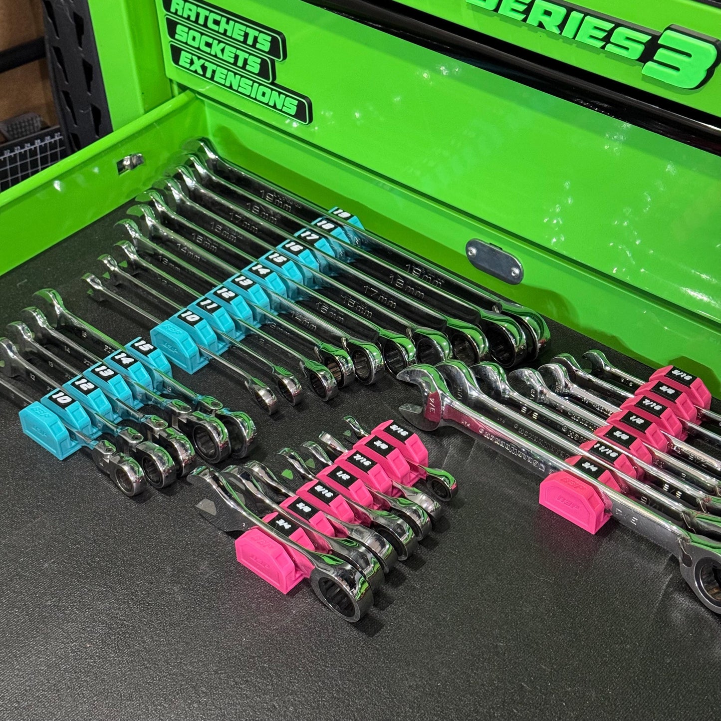 Modular Magnetic Wrench Holder | High Visibility Wrench Organizer | SAE & Metric Toolbox Drawer Storage