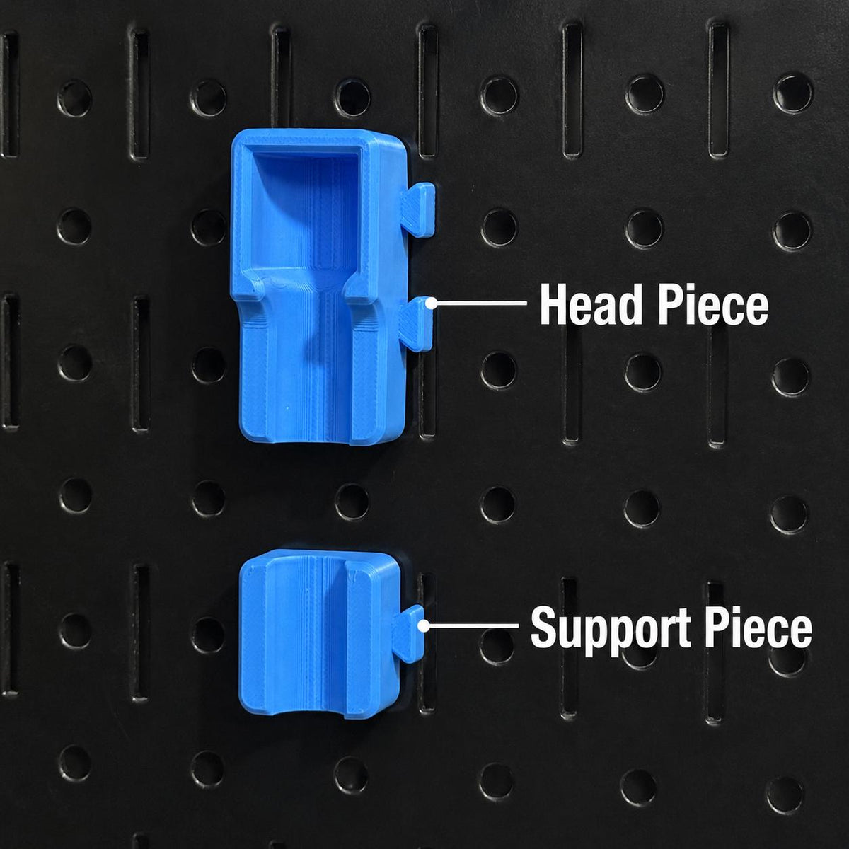 Diagram of a blue extension holder identifying the upper head piece and separate lower support piece.