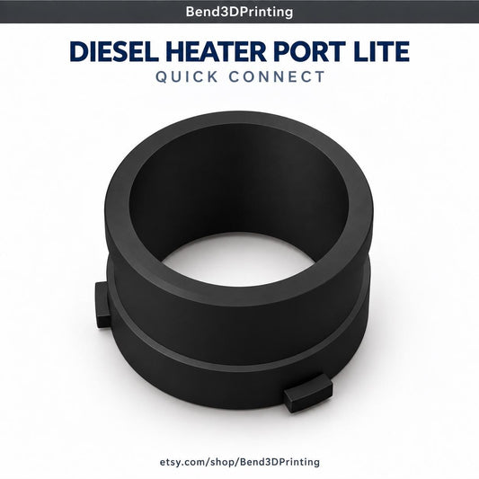 Black cylindrical quick-connect fitting for a diesel heater port, with a wide opening and locking tabs.