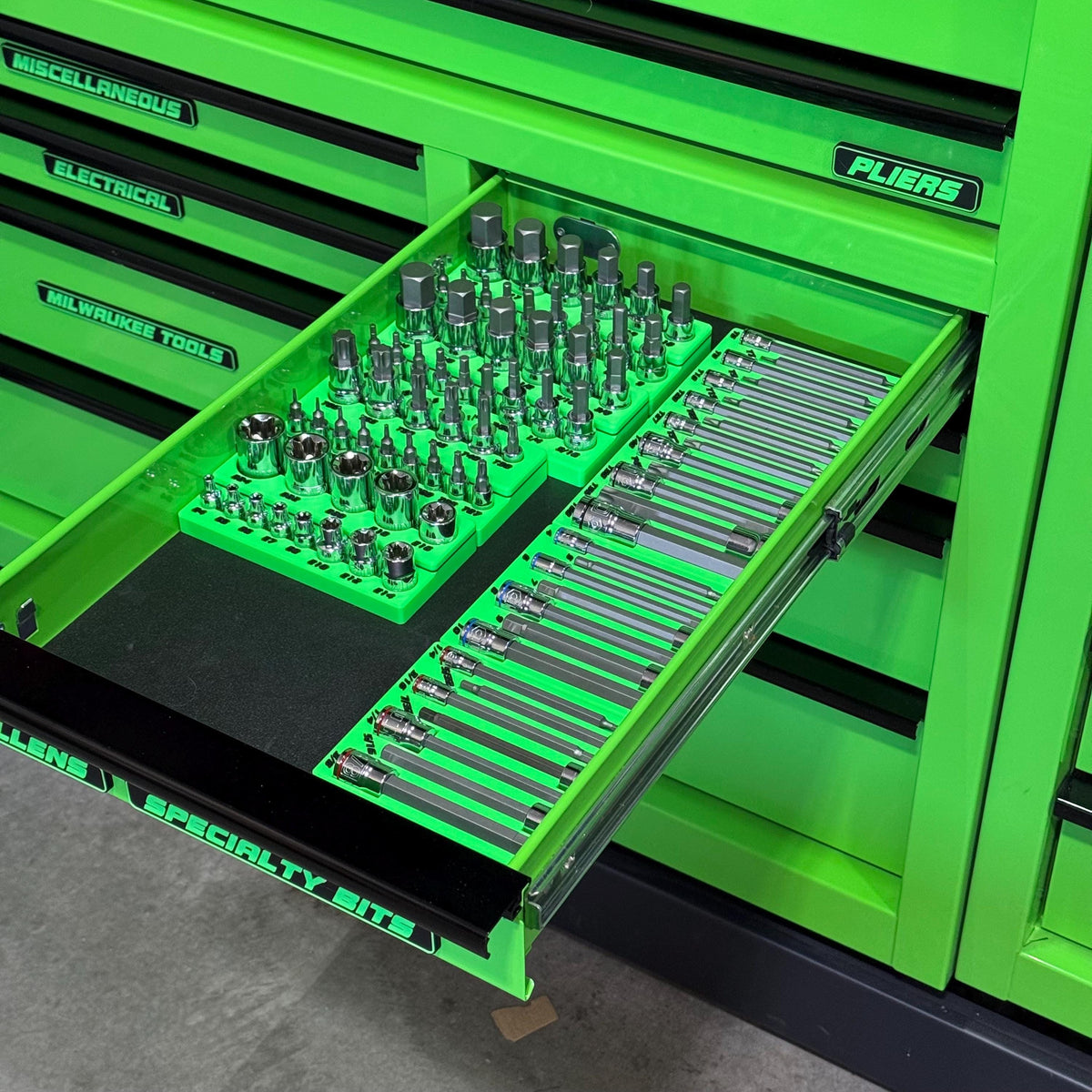 Quinn bit organizers in a toolbox drawer