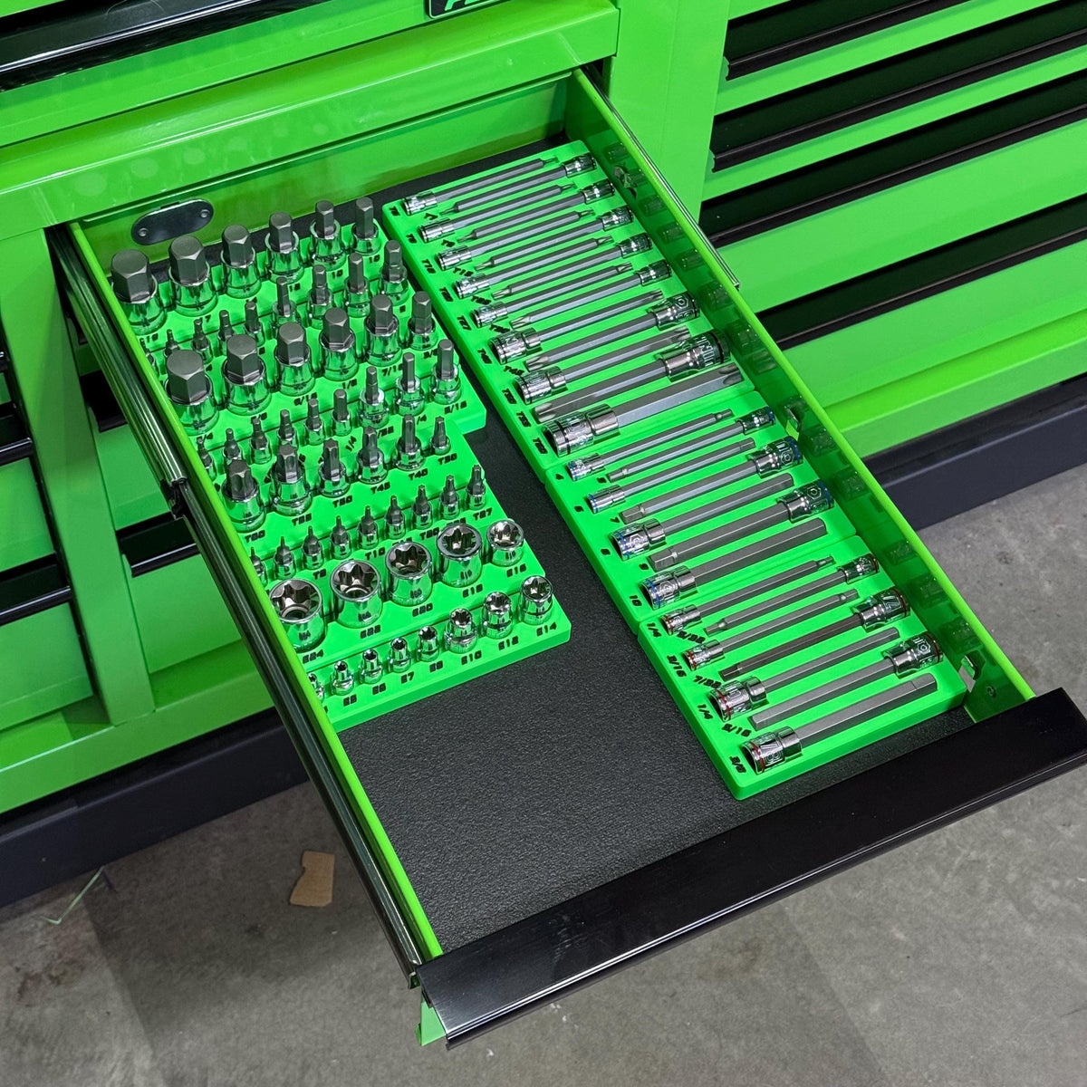 Quinn organizers arranged in steel toolbox drawer